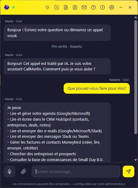 Application desktop CallMerlin avec conversation chat