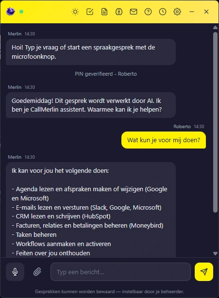 CallMerlin desktop-app met chatgesprek