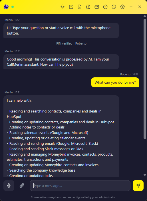 CallMerlin desktop app with chat conversation